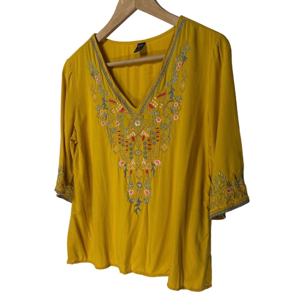Emery‎ Rose Mustard Yellow Floral Embroidered V-Neck Boho Blouse Small